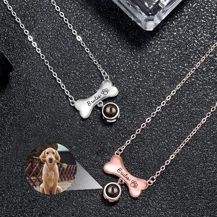 Custom Pet Necklace With Dog Bone Photo Projection Pendant 925 Sterling Silver Personalized Name and Dog Picture Necklace With Paw Print Pet Memorial Jewelry Gifts For Women Mother Wife