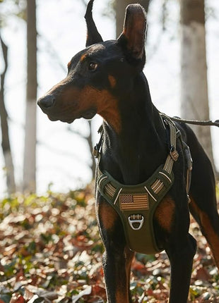 BUMBIN Tactical Dog Harness for Large Dogs, No Pull, Reflective, Green, L(Neck:19-25", Chest:21-35")