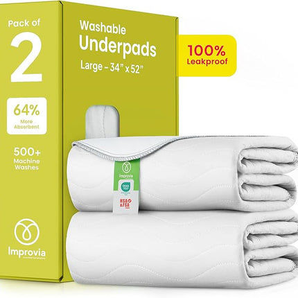 IMPROVIA® Washable Underpads, Heavy Absorbency Reusable Incontinence Pads for Kids, Adults, Elderly, and Pets - Waterproof Protection Floor White & White (2 Pack - 34x52)