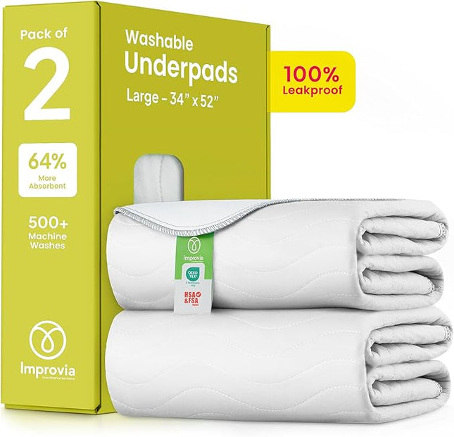 IMPROVIA® Washable Underpads, Heavy Absorbency Reusable Incontinence Pads for Kids, Adults, Elderly, and Pets - Waterproof Protection Floor White & White (2 Pack - 34x52)