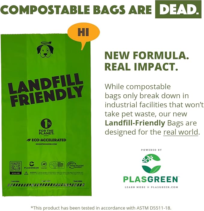 Doggy Do Good Landfill-Friendly Poop Bags | Dog Waste Bags Made with 50% Recycled Plastic + 15% Biobased Material | Unscented, Thick, Leak-Proof, Easy Open | Standard Size | 60 Count
