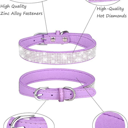 Dog Collar for Small Dogs, Adjustable Leather Suede Bling Dog Collars，Purple Dog Collar Cat Collar, Rhinestone Dog Collar (XS, Purple)