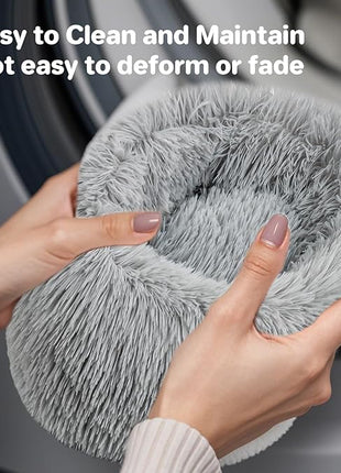 Cat Bed - Calming Cat Bed for Small Kittens Donut Washable Round for Indoor Kittens and Puppies, Anti-Slip Round Fluffy Plush Faux Fur, Medium, Light Grey