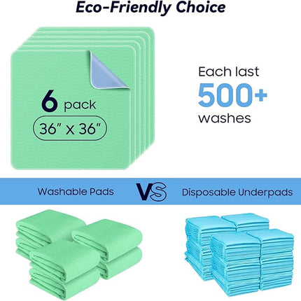 6 Pack 36” x 36” Extra Heavy Absorbency Washable Underpads, Waterproof Quick Drying Nursing Pads Incontinence Bed Pads, Reusable Washable Pee Pads for Dogs, Diaper Changing & Adults