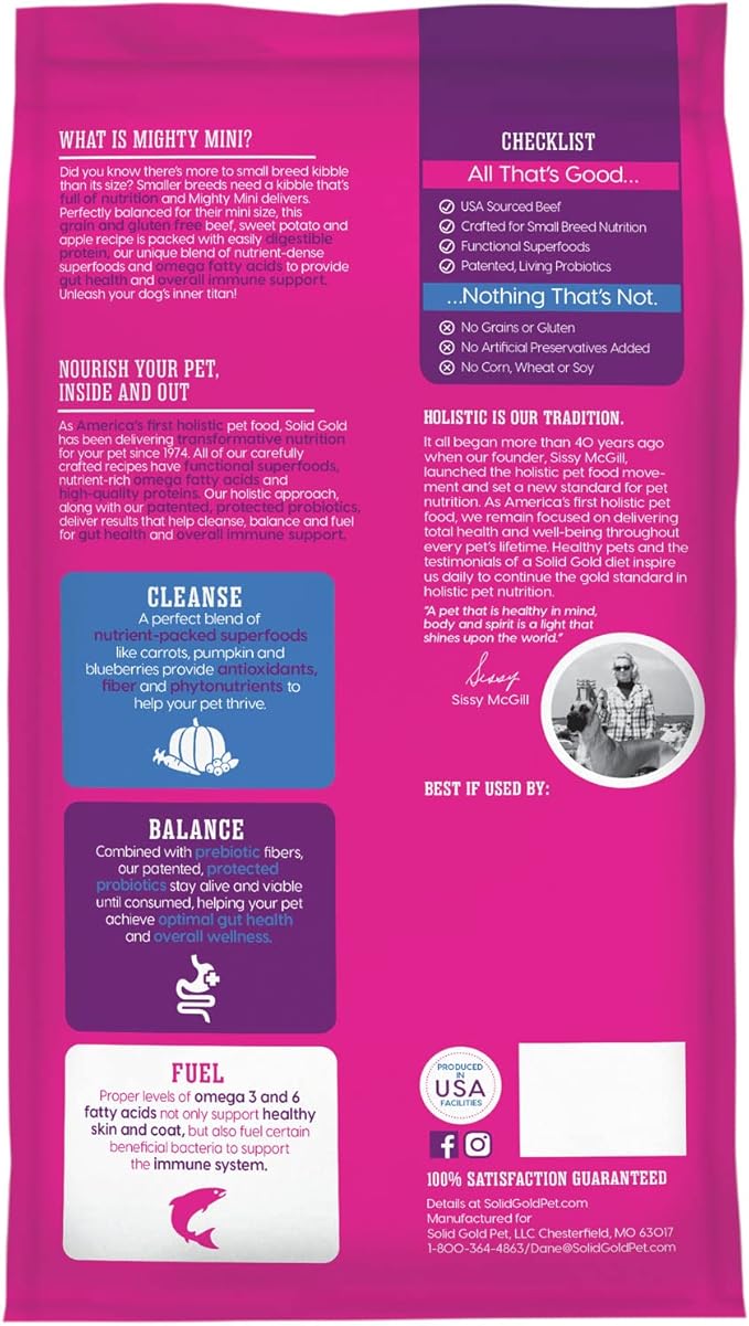 Solid Gold Toy & Small Breed Dry Dog Food Small Bites – Real Beef, Grain Free, Gluten Free, High Fiber Kibble with Probiotics for Gut Health & Digestion Support – Healthy Dog Food All Ages – 4LB