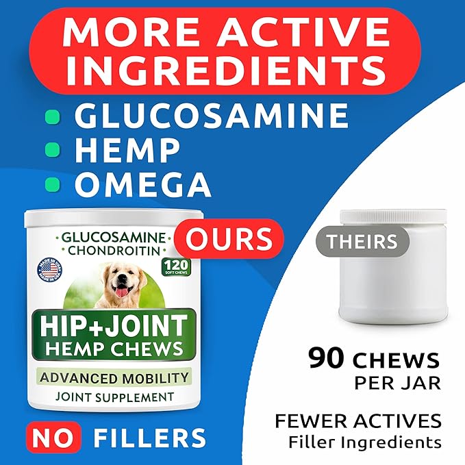 Hemp Chews Dogs Hip Joint Pain Relief - Glucosamine Chondroitin Hemp Treats for Joint Health - Dog Joint Supplement Large Breed & Small - Hemp Oil Pill - Canine Vitamin Treat Old Dog (240Ct/Chicken)