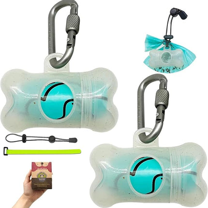 Dog Poop Pickup Bags Holder Dispenser with Standard-Sized Leak-Proof Scented Doggy Waste Bags and Carabiner with Safety Lock&Fastener Never Loose on Leash Lead Again (2 Holders 30 Bags, Clear)