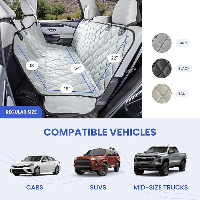 4Knines Dog Backseat Cover with Hammock for Cars, SUVs, and Trucks – Waterproof Layers, Nonslip Seat Protector, Durable Nylon Clips, K9 Shield with Heavy Duty Thread, (Regular, Grey)