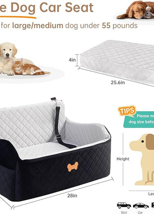 Car Seat for Large Size Dog, Booster Seat for Dogs Under 55 lbs or 2 Small Dogs, Soft Car Dog Bed Filling in Thick Memory Foam with 2 Safety Leashes and Storage Pocket (Grey/Black)