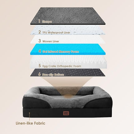 EHEYCIGA Memory Foam XXL Dog Bed for XLarge Sized, Orthopedic Dog Sofa with Sides and Waterproof Liner, Washable Bolster Pet Couch with Removable Cover, 52x41x8 Inch, Grey/Black