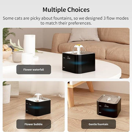 Crystal Cat Water Fountain Stainless Steel Lid, 101oz/3L Pet Fountain with LED Light for Cats and Dogs (Black)