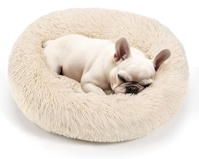 Hoewina Dog & Cat Bed, 20in Cat Beds for Indoor Cats, Calming Donut Bed for Puppy and Kitten, Washable Round Fluffy Pet Bed for Small Medium Dogs and Cats (Light Brown)