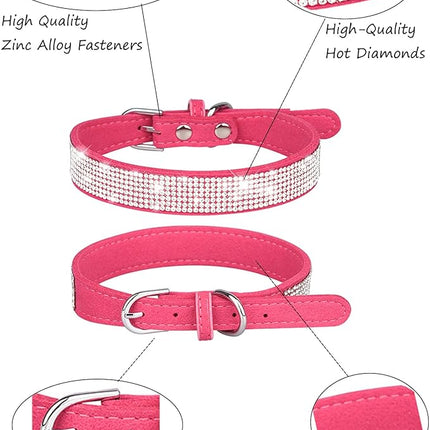 Dog Collar for Small Dogs, Adjustable Leather Suede Bling Dog Collars，Rose Red Dog Collar Cat Collar, Rhinestone Dog Collar (S, Rose red)