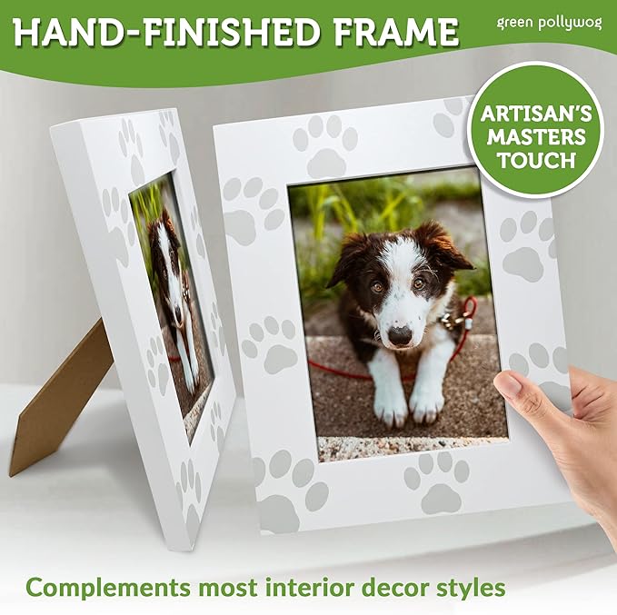 Green Pollywog Screenprinted Paw Print Picture Frame | White Hand-Finished Pinewood | Fits 5” x 7” Photo | Pet Lover Gift