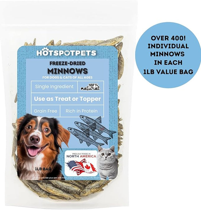 hotspot pets Freeze Dried Minnows Treats for Cats & Dogs (1 Pound Bag Over 400 PCS) (Made in USA) All Natural, High Protein, Rich in Omega-3s, Grain-Free,Perfect for Training, Topper or Snack