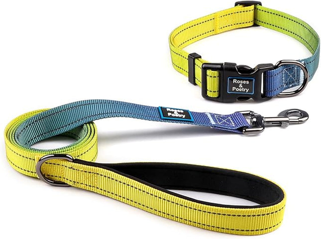 Roses&Poetry Reflective Dog Collar and Leash Set with Gradient Amber, Adjustable Durable Puppy Collars Leash for Extra Small Dogs (Amber-S)