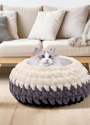 Ombre Gradient Round Cat Bed for Indoor Cats, Chunky Knit Washable & Plush Pet Bed, Cozy Nest with Non-Slip Bottom for Small Medium Cats