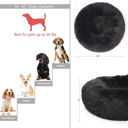 Dog Beds for Medium Dogs 30 Inches Black Fluffy and Soft Dog Bed Faux Fur Round Medium Sized Pet Bed for Dog