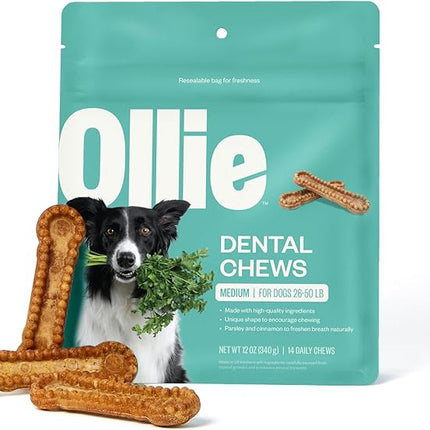Ollie Dental Chews for Medium Dogs, 12 Oz, Fresh Breath, Teeth Cleaning Treats, Sticks for Dog Oral Care, with Parsley and Cinnimon, for Pups 26-50 lbs