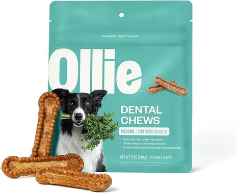 Ollie Dental Chews for Medium Dogs, 12 Oz, Fresh Breath, Teeth Cleaning Treats, Sticks for Dog Oral Care, with Parsley and Cinnimon, for Pups 26-50 lbs