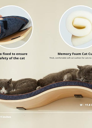 Cat Shelf with Comfortable Cushion - Wave Modern Cat Bed - Minimalistic Floating Cats Wall Perch - Wooden Wall Mounted Cats Furniture for Sleeping, Playing, Climbing, and Lounging