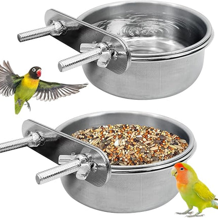 PINVNBY 2PCS Stainless Steel Bird Bowl Parrot Food Water Bowls with Clamp Holder Bird Feeder Dish Cups Crate Bowls for Cockatiel Pigeons Conure Budgies African Greys (Double Screws Size: L)