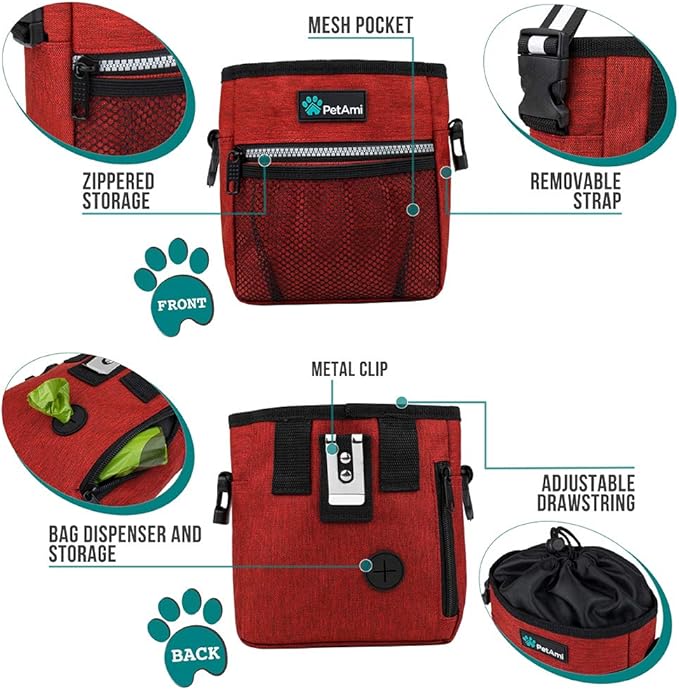 PetAmi Dog Treat Pouch, Pet Treat Pouch for Training, Dog Walking Bag Holder for Kibbles, Pet Food Toy, Dog Trainer Essentials Supplies, Poop Bag Dispenser, 3 Ways to Wear (Red)
