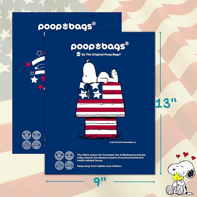 The Original Poop Bags® USDA Certified 38% Plant-Based Dog Poop Bags, Peanuts Snoopy Americana Design, Leak-Proof & Strong, Unscented, 24 Rolls (360 Bags)