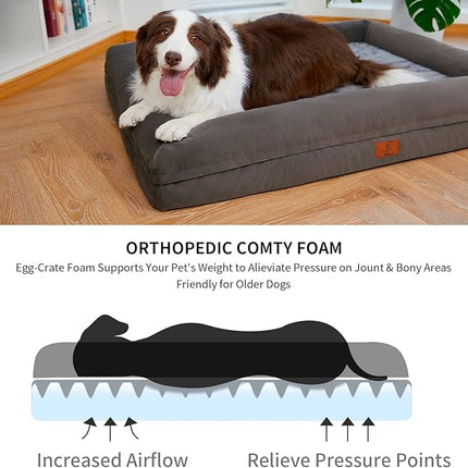 Dog Beds for Extra Large Dogs, Orthopedic Egg Crate Foam Dog Bed with Removable Washable Cover, Waterproof Non-Slip Bottom 4-Sides Removable Bolster XL Pet Couch, Olive Green