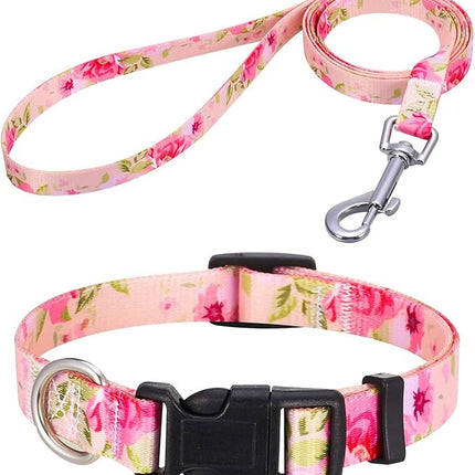 Dog Collar and Leash Set with Bohemia Floral Tribal Geometric Patterns - Soft Ethnic Style Collar Adjustable for Small Medium Large Dogs(Pink Rose Set,XS)