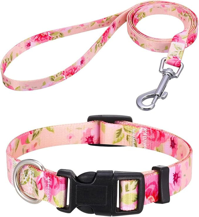 Dog Collar and Leash Set with Bohemia Floral Tribal Geometric Patterns - Soft Ethnic Style Collar Adjustable for Small Medium Large Dogs(Pink Rose Set,S)