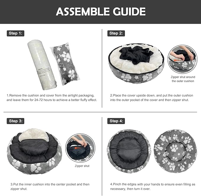 Donut Dog Beds for Small Dogs, Calming Round Cat Beds for Indoor Cats, Cute 3D Textured Paw Pet Bed with Removable Washable Cover and Anti-Slip Bottom（Grey，23"）