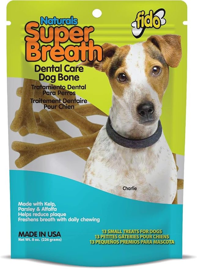 Fido - Super Breath Dental Care Bones for Dogs - 13 Count Small Dog Dental Treats for Small Dogs (Made in USA) - Tasty Dog Dental Chews Help Reduce Plaque, Tartar Buildup, and Freshens Breath