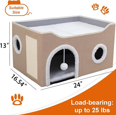 Cat Houses for Indoor Cats - Large Cat Bed Cave with Scratch Pad and Fluffy Ball, Foldable Cat Condo Hideaway with Reversible Cushion for Multi Small Pet, Khaki