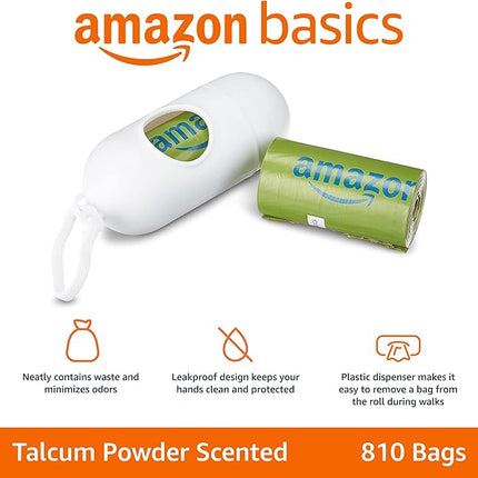 AmazonBasics Enhanced Dog Waste Bag with Dispenser and Leash Clip - 810 Count, Talcum Powder