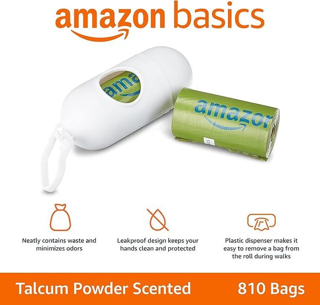 AmazonBasics Enhanced Dog Waste Bag with Dispenser and Leash Clip - 810 Count, Talcum Powder