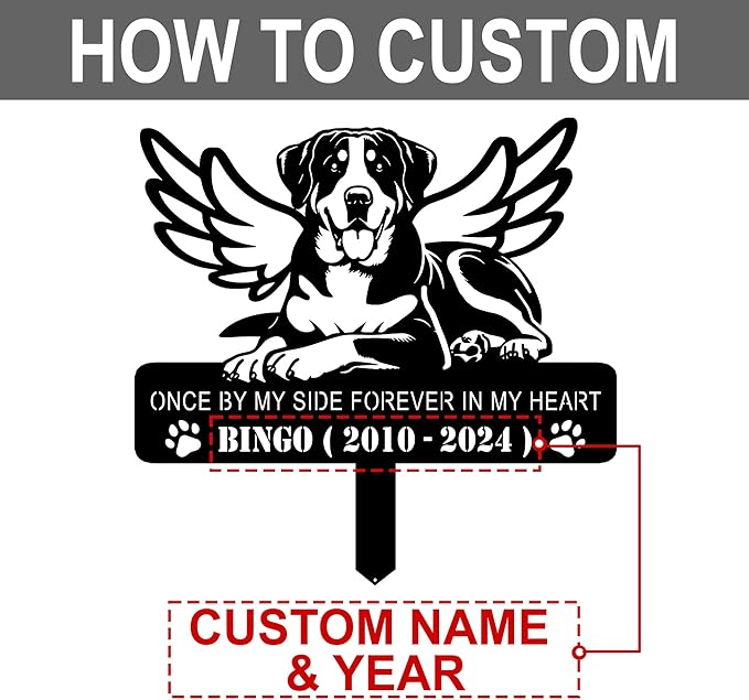 Personalized Dog Memorial Grave Marker, Custom Pet's Name Cemetery Decorations for Funerary, Metal Dog Burial Garden Stake, Outdoor Sympathy Angel Handstone Stake Plaque Gift for Loss