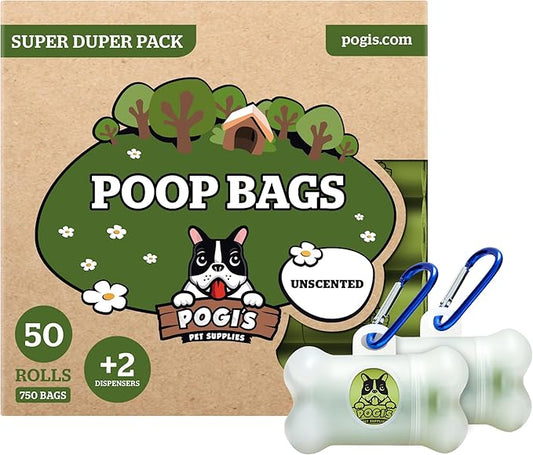 Pogi’s Dog Poop Bags – Leak-Proof & Extra Thick Pet Waste Bags with 2 Holders (Unscented, 50 Rolls, 750-Count)