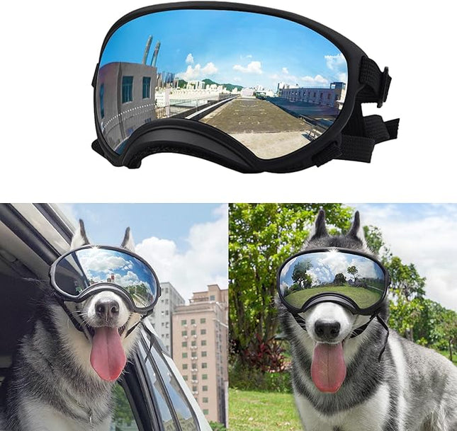 Large Dog Sunglasses, Dog Goggles Large Breed and Medium, UV Protection, Windproof, Dustproof and Snowproof. Shatterproof Lens, Adjustable Strap