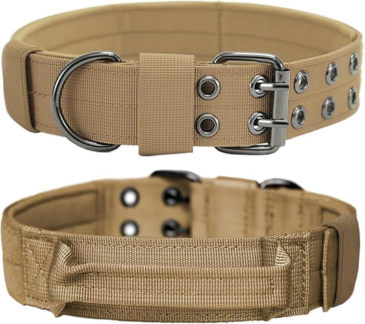 Tactical Dog Collar with Handle, Military Adjustable Heavy Duty Metal Buckle Dog Collars Soft Nylon Training Collar for Medium Large Dogs (Brown, Medium)