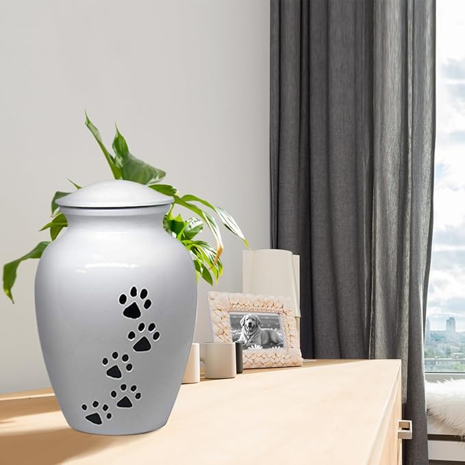Trupoint Memorials Large Pet Urn for Dogs and Cats Ashes, Paws Print White Cremation Urns for Pets up to 122 lbs