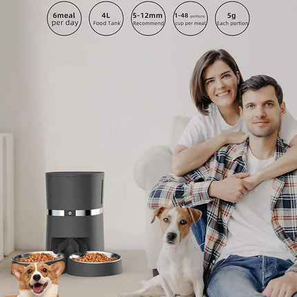 Automatic Cat Feeder, WellToBe Pet Feeder Food Dispenser for Cat & Small Dog with Two-Way Splitter and Double Bowls, up to 6 Meals with Portion Control, Voice Recorder - Battery and Plug-in Power