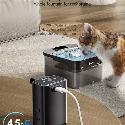 DownyPaws Cat Water Fountain Stainless Steel Cordless, 84oz/2.5L Fursink Wireless Pet Water Fountains for Cats Indoor, Battery Operated Cat Drinking Fountain, Ultra Quiet Pump, BPA-Free, Black