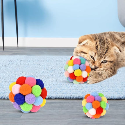TUSATIY Cat Toy Balls with Bell 3PCS, Colorful Soft Fuzzy Balls Built-in Bell for Cats, Interactive Playing Chewing Toys for Indoor Cats and Kittens