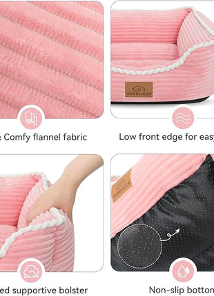 Cat Dog Bed for Pets, Rectangle Pet Bed Gift for Puppy and Kitten, Machine Washable Calming Fluffy Pet Couch Sofa for Indoor Outdoor, Portable Soft Cat Bed with Non-Slip Bottom (Small, Pink)