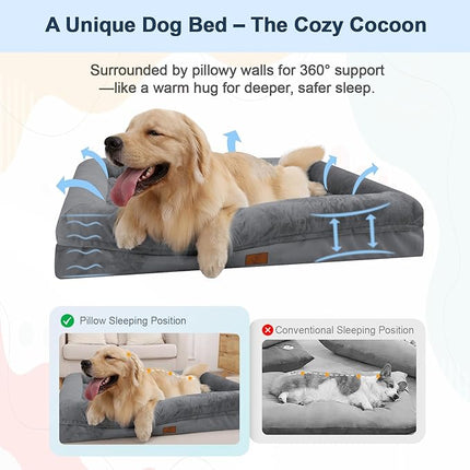 Large Orthopedic Dog Bed, Waterproof Dog Bed with 4-Sides Removable Bolster, Washable Pet Bed with Non-Slip Bottom Big Pet Couch Sofa with Removable Cover, Dark Grey