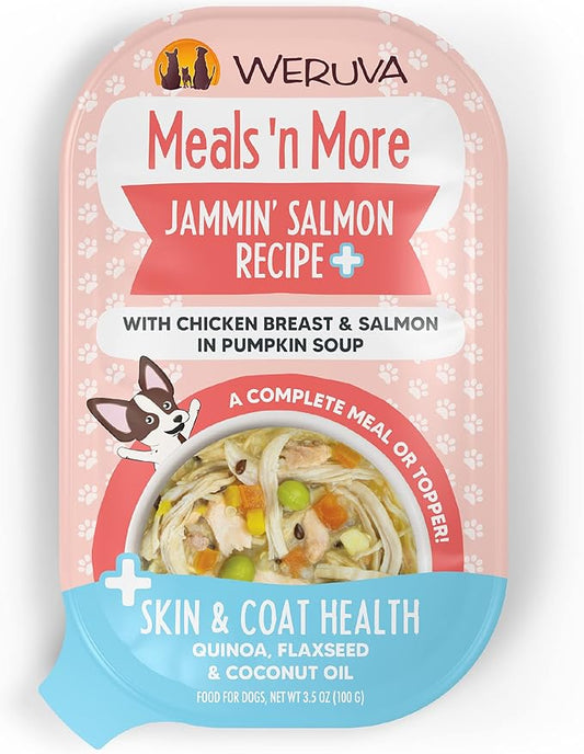 Weruva Meals 'n More Natural Wet Dog Food, Jammin' Salmon Plus Skin & Coat Health, 3.5oz Cup (Pack of 12)