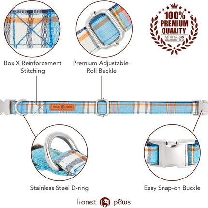Lionet Paws Boy Dog Collar with Bowtie, Comfortable Adjustable Cute Blue Plaid Bow Tie Collar for Male Puppies and Cats Gift, XS, Neck 8-12 inches