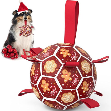 Diman Dog Soccer Ball with Straps, Christmas Dog Toys, Pet Toys Balls for Meium Large, Pet Birthday Gift, Outdoor Pet Toys for Tug of War (7 Inch)