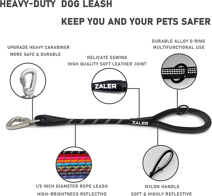ZALER Short Dog Leash, 18 Inches Rope Traffic Leashes for Dogs, Reflective Dog Lead with O-Ring, Heavy Duty Pet Leash for Large and Medium Dogs (18'' Black)